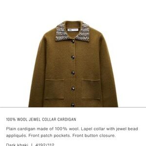 Zara 100% wool Cardigan with Embellished Collar
